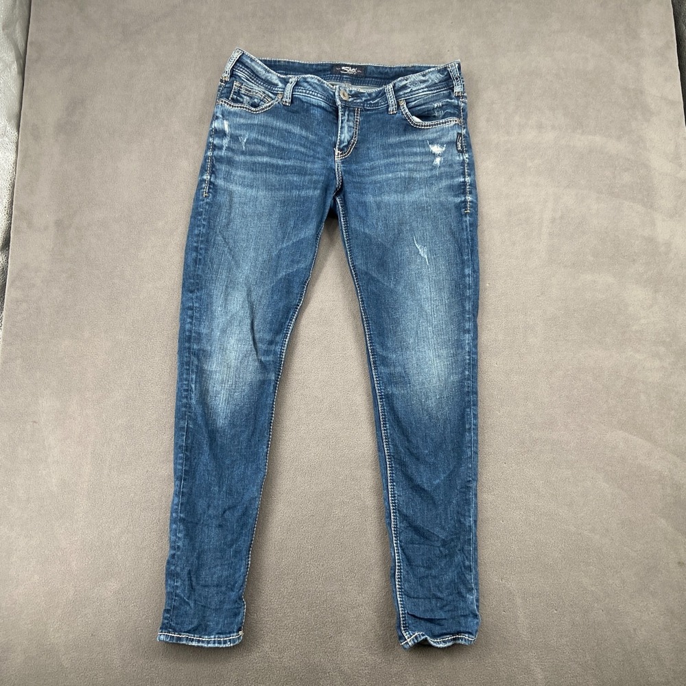 Silver Girlfriend Mid Rise Skinny Leg Jeans Womens 32x29 Blue Distressed Western